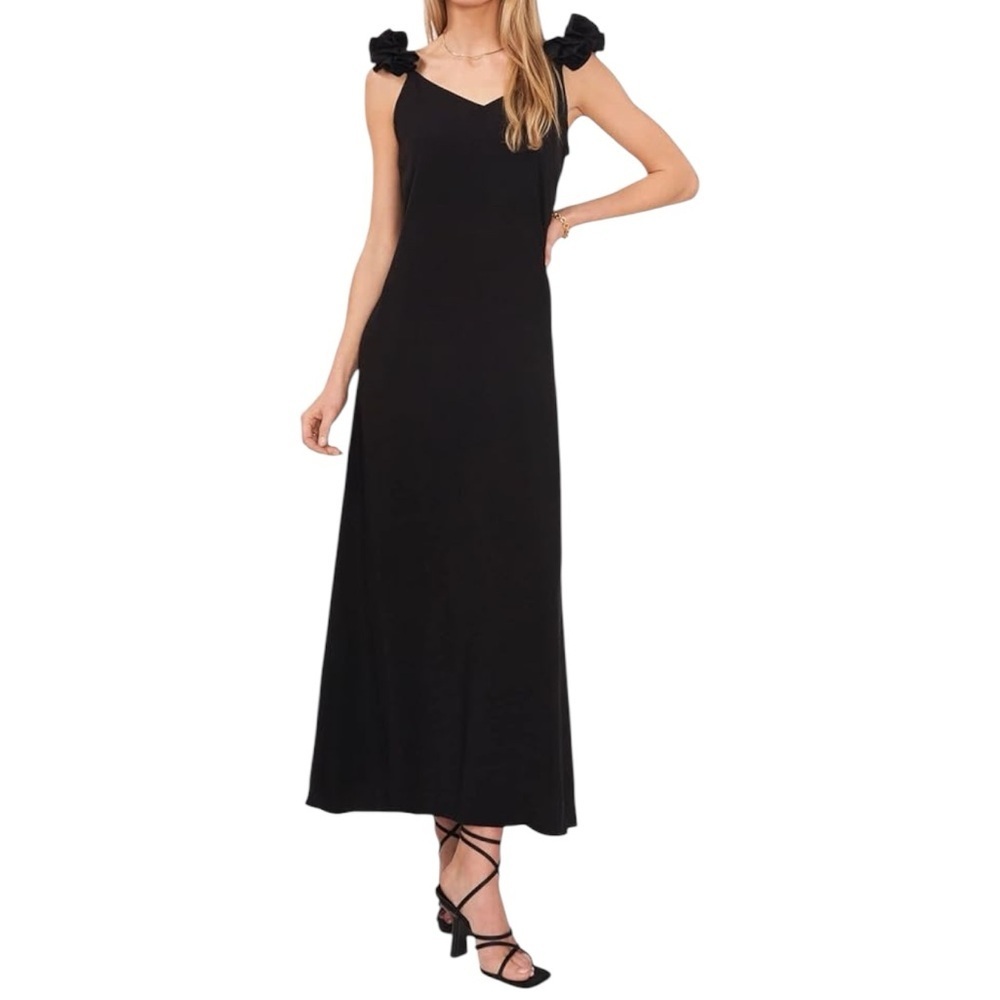 Vince Camuto Ruffle Strap V Neck V Back Maxi Dress in Black Women’s Size XL